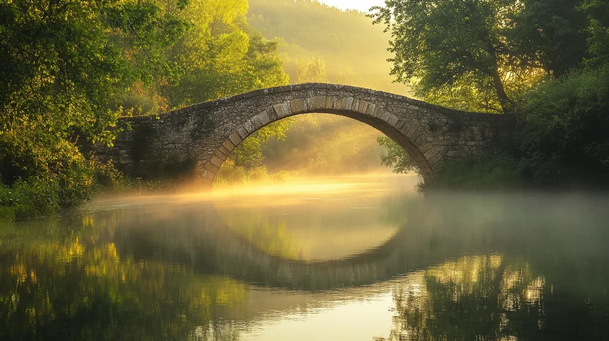 Kameni most preko mirne reke u zoru