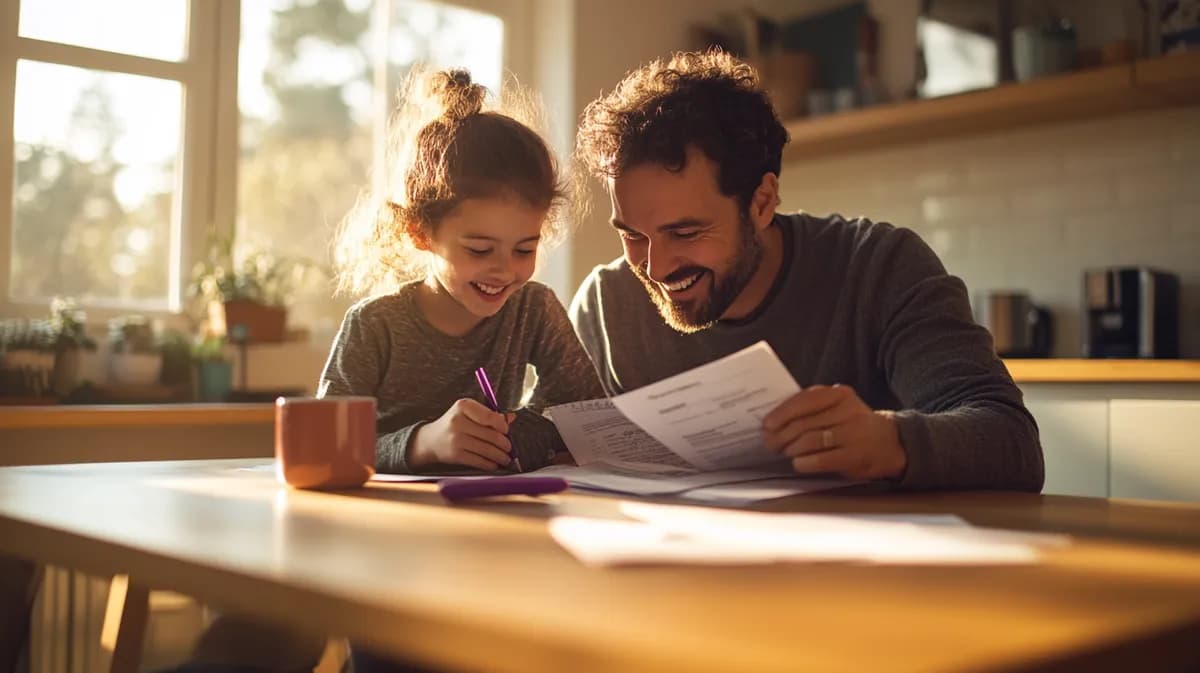 Roditelj i dete pregledaju dokumenta za stolom