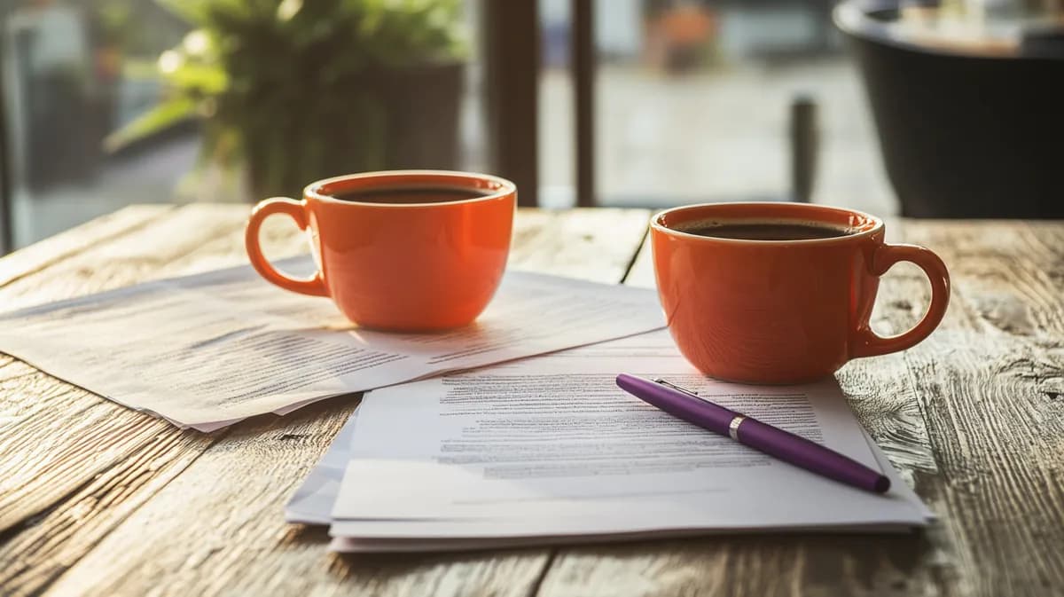 Dve šolje kafe i pravni dokumenti na stolu za medijaciju