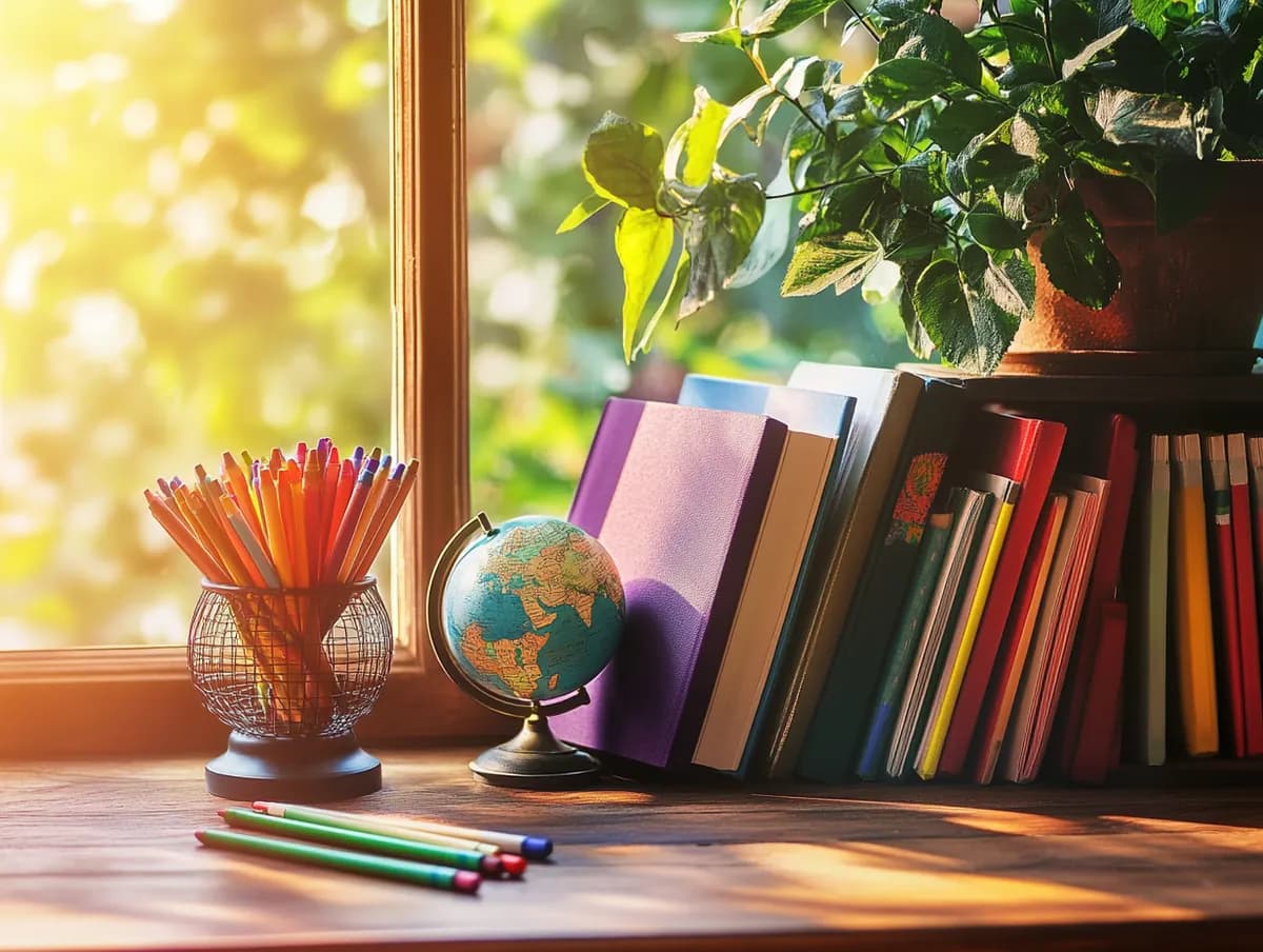 Dečje knjige, bojice i globus na sunčanom stolu