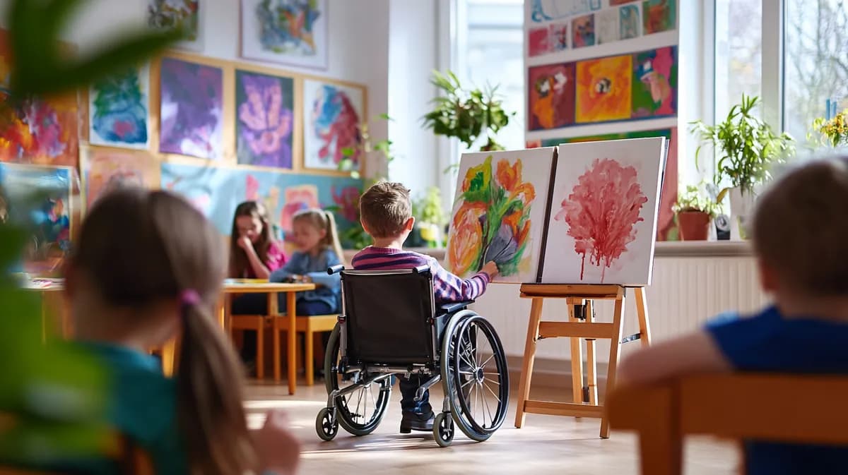 Dete u kolicima slika sa drugom decom u učionici