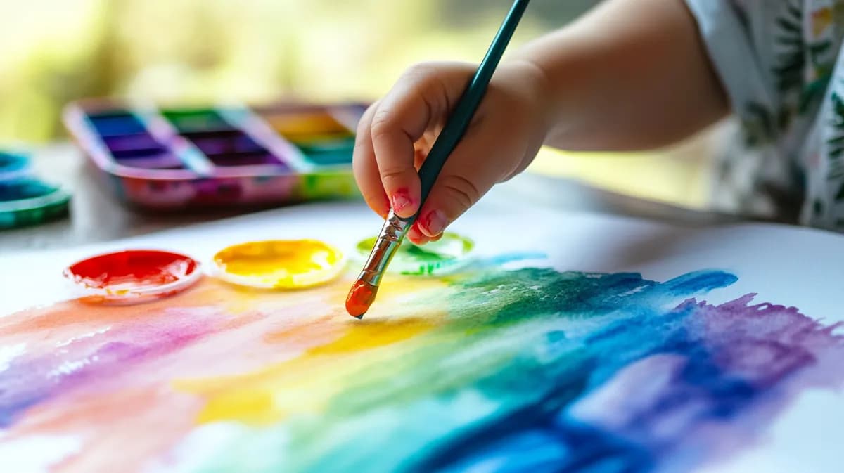 Dečja ruka slika dugu vodenim bojama