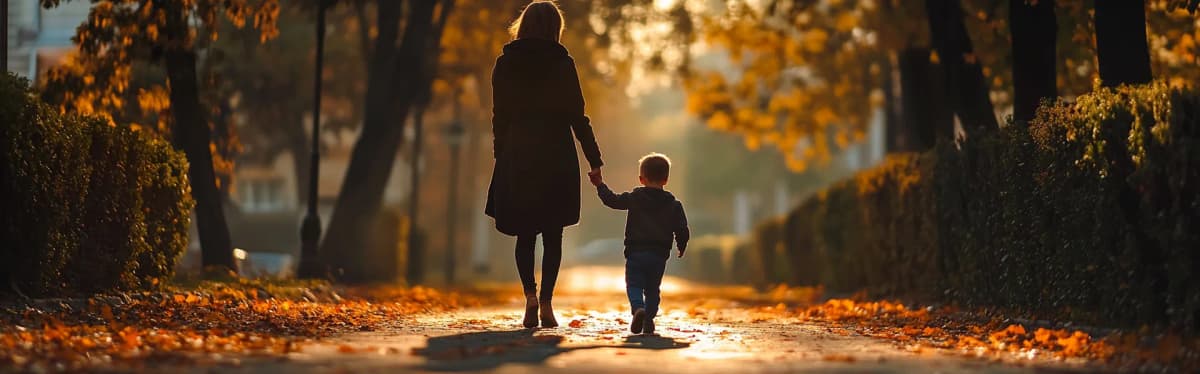 Majka i dete šetaju beogradskom ulicom u jesen