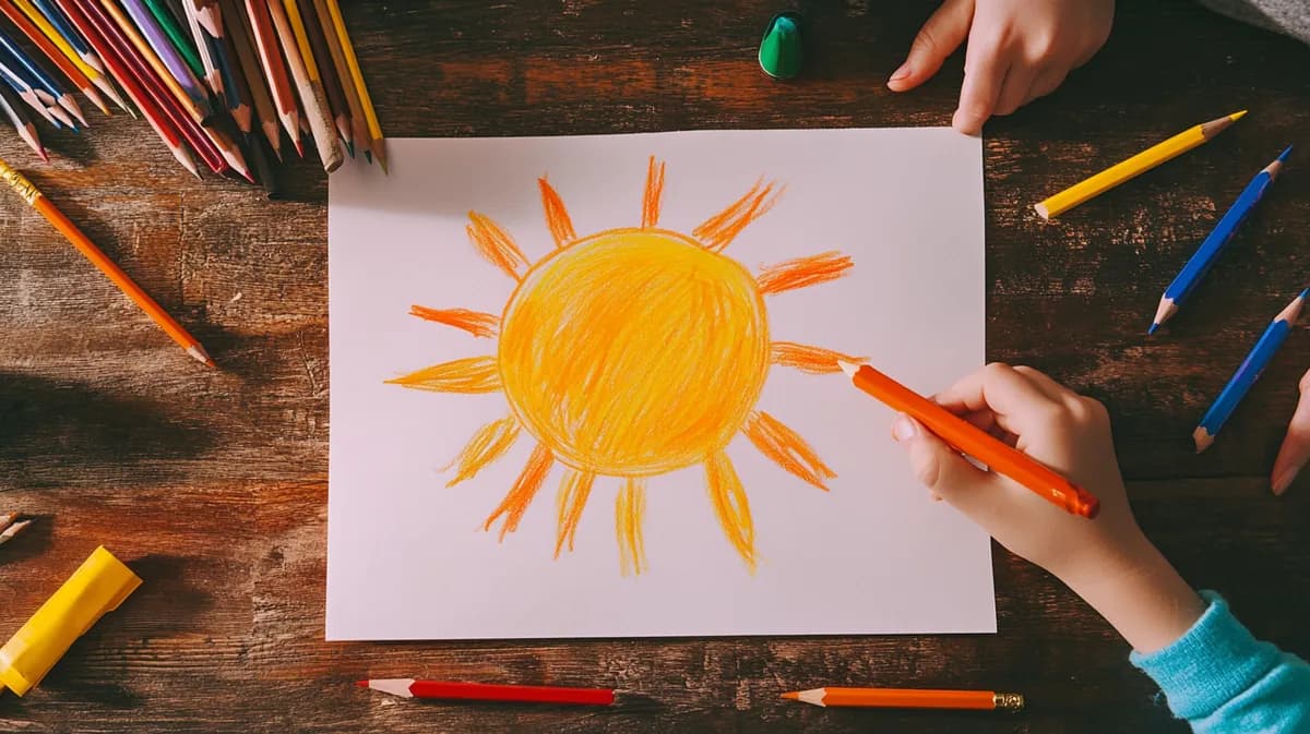 Dete crta sunce drvenim bojicama