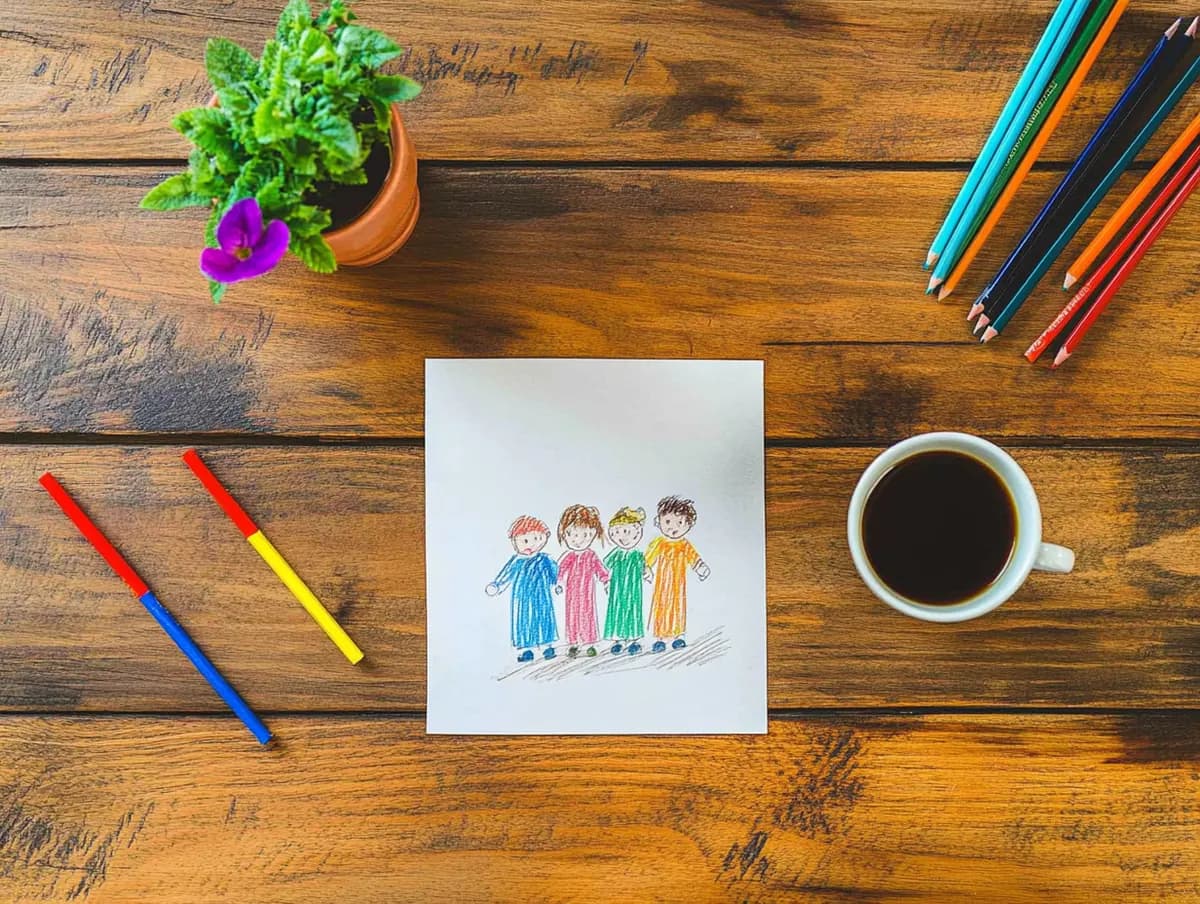 Porodični sto sa dečjim crtežom i šoljom kafe