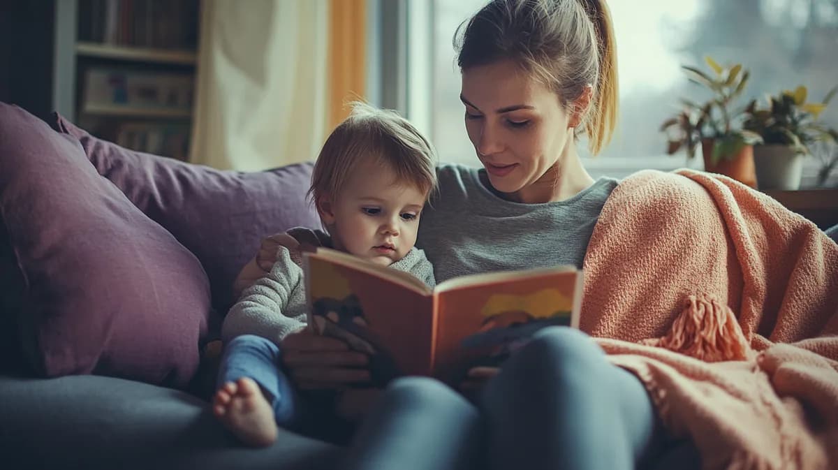 Majka čita priču detetu na kauču