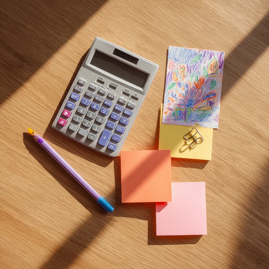 Kalkulator, dinari i dečji crtež na radnom stolu