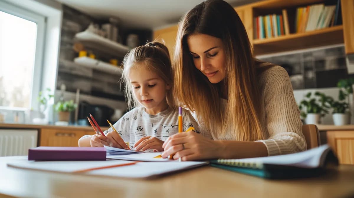 Majka i ćerka zajedno crtaju za kuhinjskim stolom